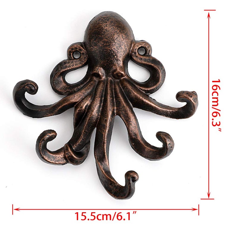 Sumnacon 6 Inch Cast Iron Octopus Decorative Coat Hook - Wall Mounted Nautical Hand Towel Rack Holder with Screws, Rustic Metal Clothing Hanger for Bedroom/Bathroom/Kitchen/Balcony, Red Bronze - Image 3